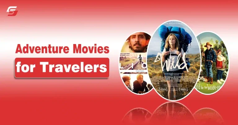 Collage of adventure movie scenes featuring travelers and hikers on a red background.