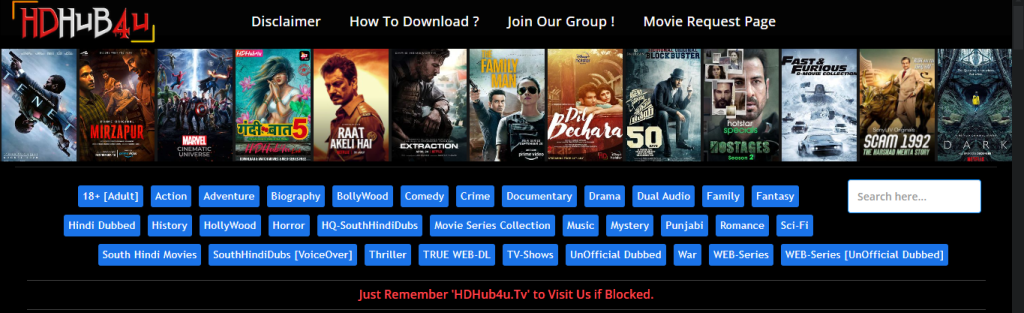 Home page screenshot of HDHub4u by stuffablog