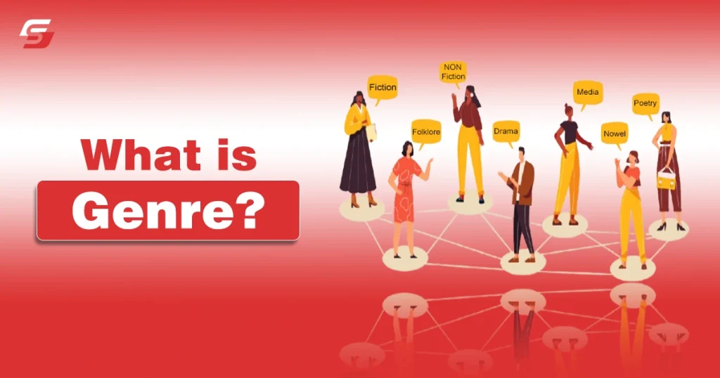 Illustrated characters networked together on a red background for an article explaining the definition of genre.