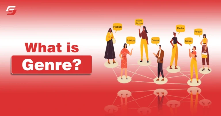Illustrated characters networked together on a red background for an article explaining the definition of genre.