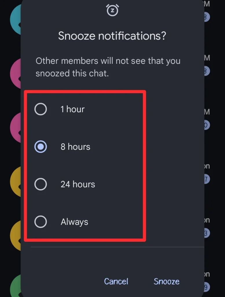 Choose the time until you want to mute the notoifications