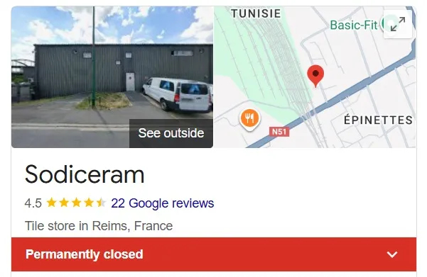 Sodiceram tile store Google Profile showing the store is permanently closed