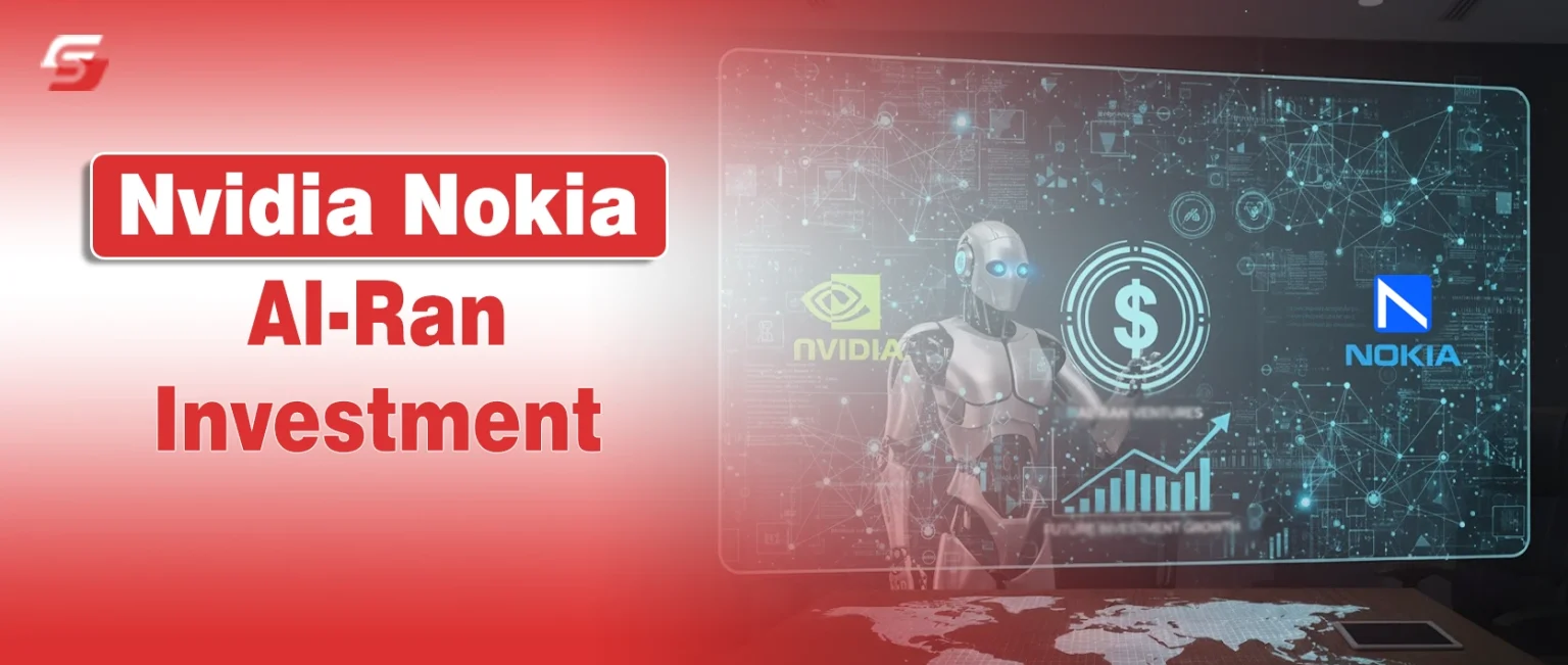 Nvidia and Nokia logos beside a humanoid robot symbolizing AI integration in next-generation telecom networks.
