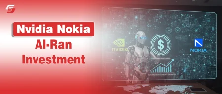 Nvidia and Nokia logos beside a humanoid robot symbolizing AI integration in next-generation telecom networks.