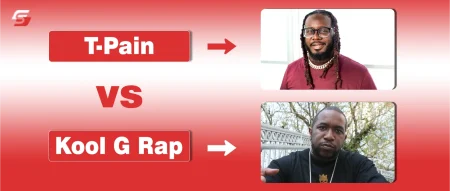 T-Pain and Kool G Rap side by side representing the evolution of hip-hop from lyrical storytelling to melodic innovation.