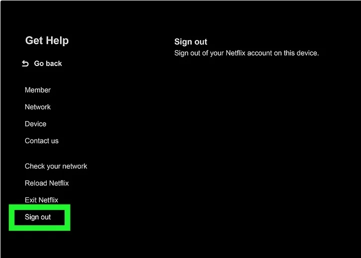 sign out word higlighted on netfilix settings menu