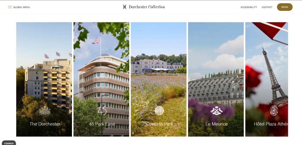 screenshot from dorchestercollection website shoing different city brances with buildings