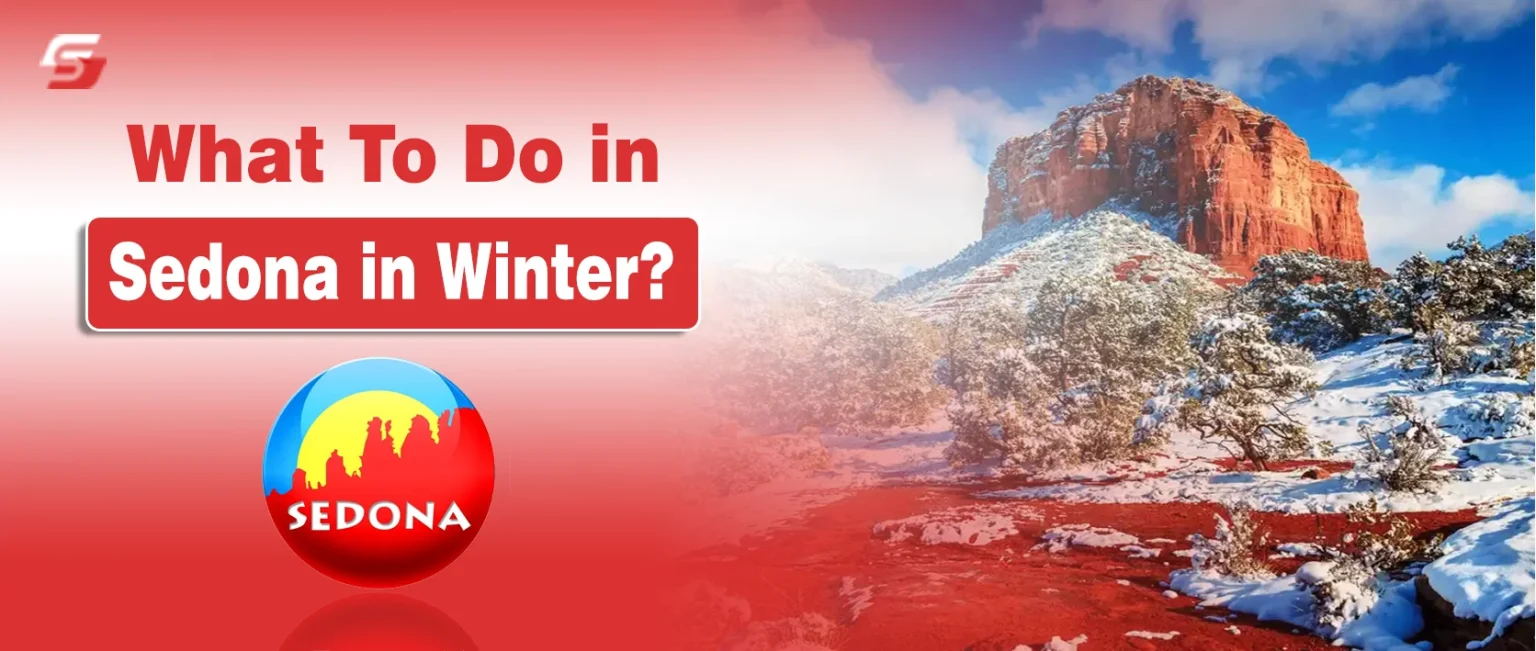 Sedona red rock mountains with winter greenery and clear blue sky in Arizona