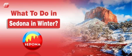 What to Do in Sedona in Winter | Top Hikes, Red Rock Views, Oak Creek Drives & Cozy Spots to Visit Sedona red rock mountains with winter greenery and clear blue sky in Arizona