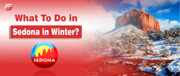 Sedona red rock mountains with winter greenery and clear blue sky in Arizona