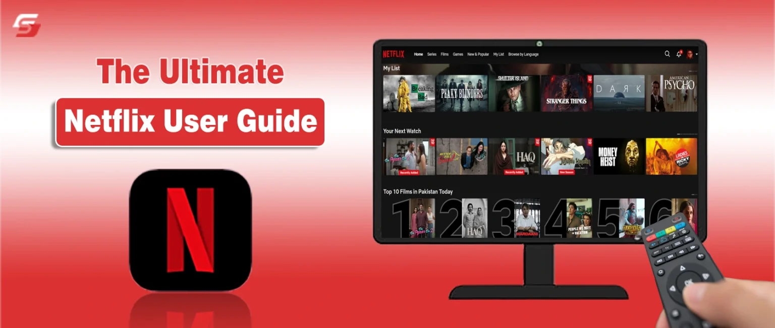 Netflix User Guide displayed on a TV screen showing the Netflix app interface