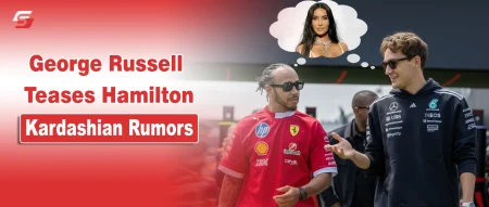 Portraits of George Russell, Lewis Hamilton, and Kim Kardashian with text "George Russell Teases Hamilton Kardashian Rumors" regarding F1 dating speculation.