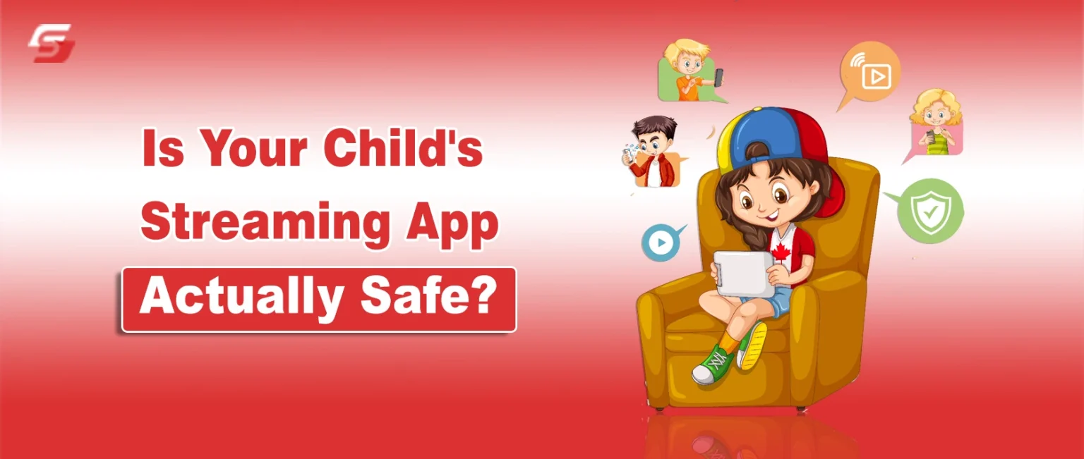 Child using tablet with streaming app safety icons and parental controls