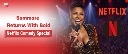 Sommore performing stand-up on stage with text "Sommore Returns With Bold Netflix Comedy Special" for her "Chandelier Fly" release.
