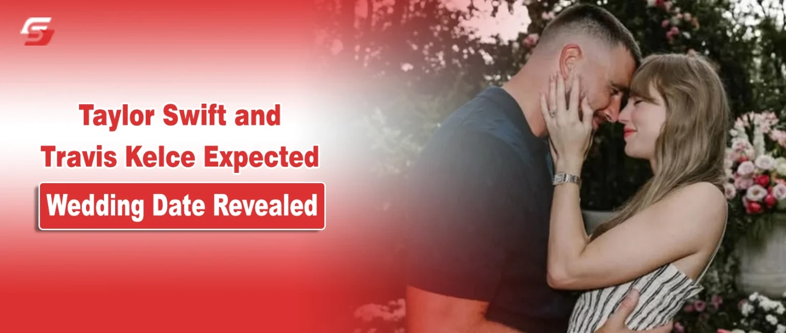 News heading "Taylor Swift and Travis Kelce Expected Wedding Date Revealed" with instadp watermark on a photo of the couple.