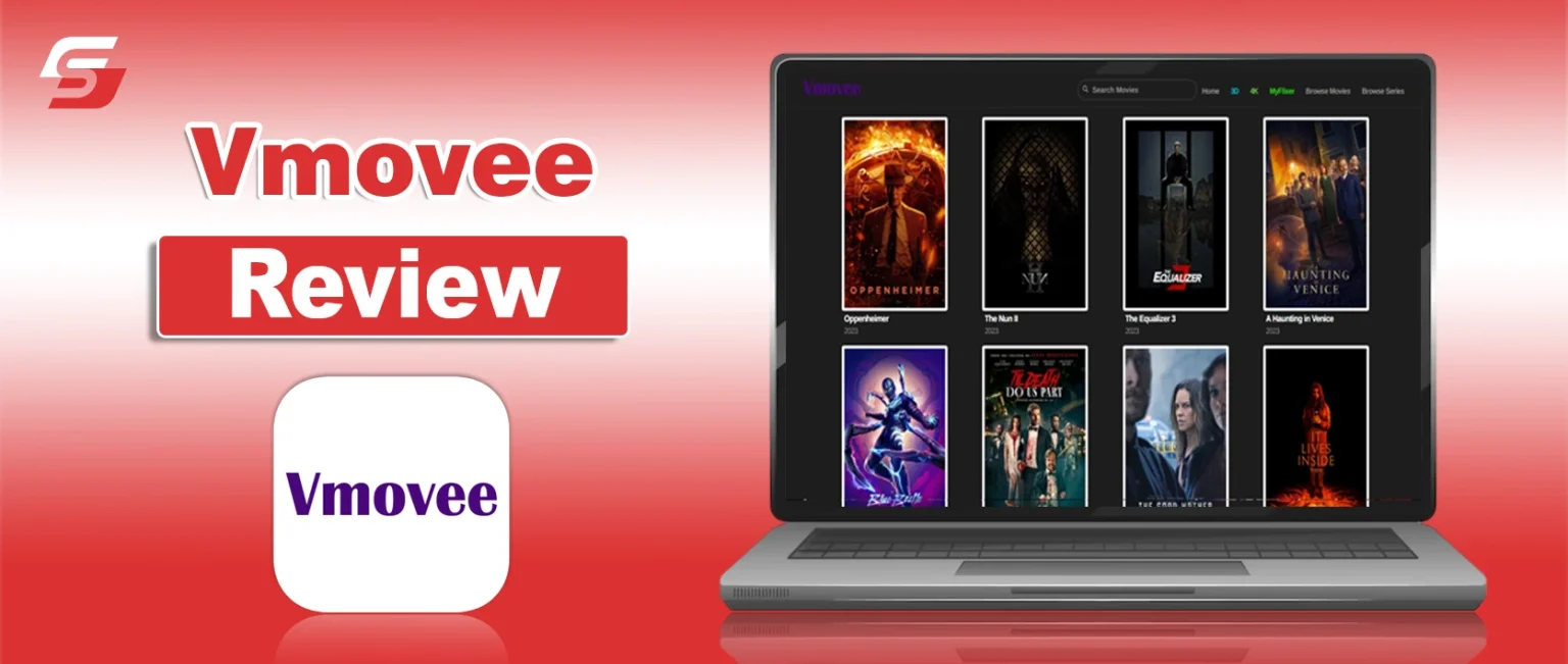 Laptop displaying movie posters for a Vmovee review.