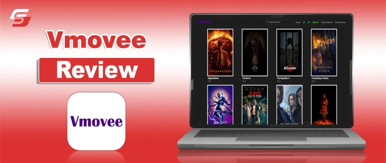 Laptop displaying movie posters for a Vmovee review.