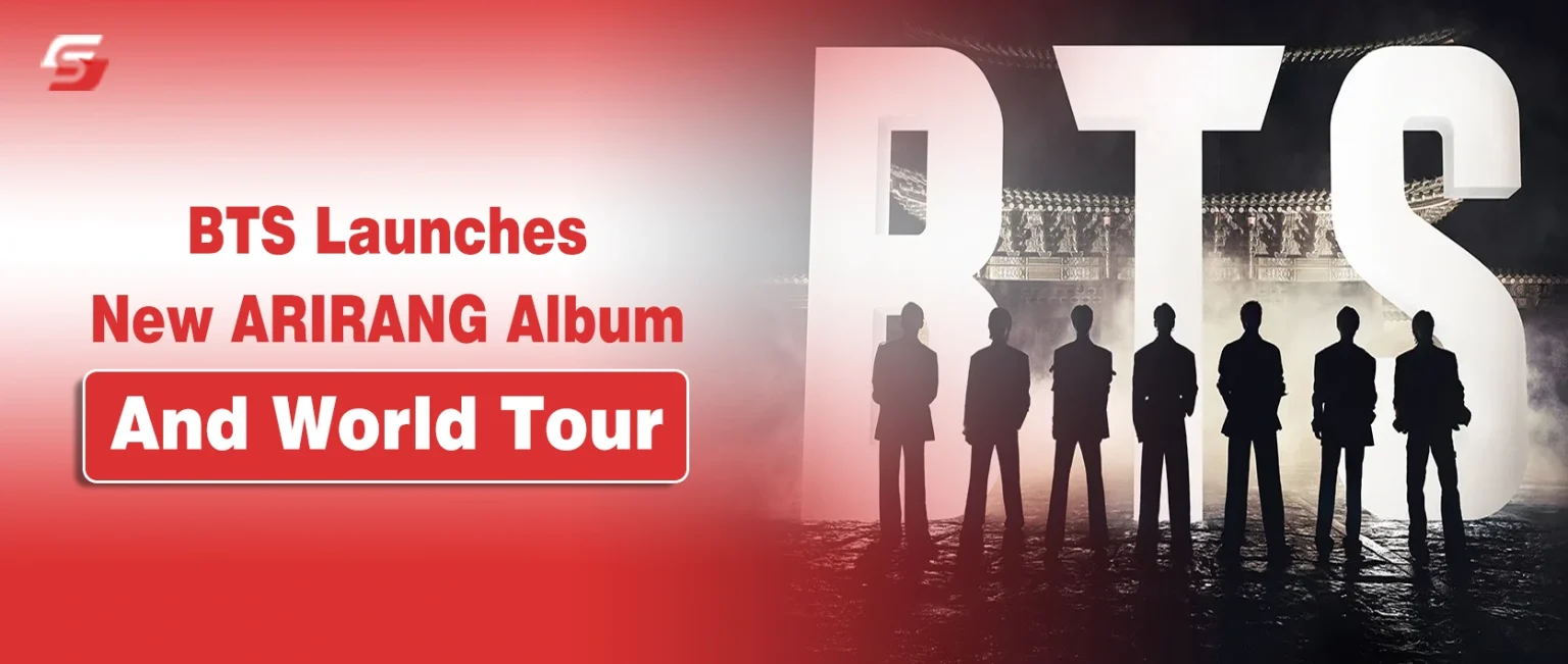 Silhouettes of BTS members with a glowing logo and text "BTS Launches New ARIRANG Album And World Tour."