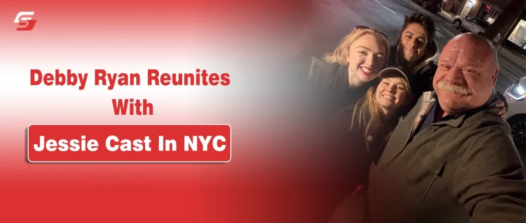 Debby Ryan and Jessie cast selfie in NYC with text "Debby Ryan Reunites With Jessie Cast In NYC."