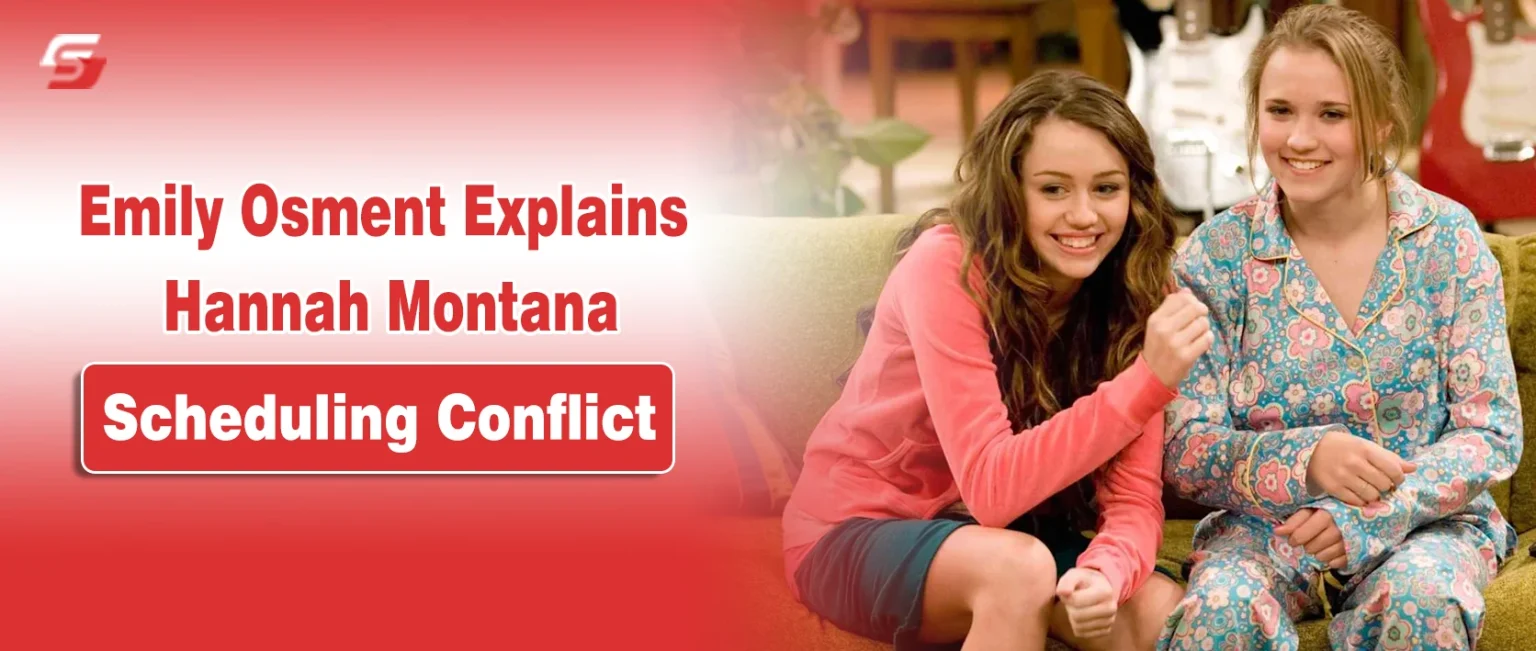 Throwback photo of Emily Osment and Miley Cyrus on set, used for an article about Hannah Montana scheduling conflicts.