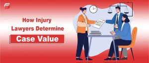 Illustration of an injured person handing documents to a lawyer at a desk, with justice symbols in the background.