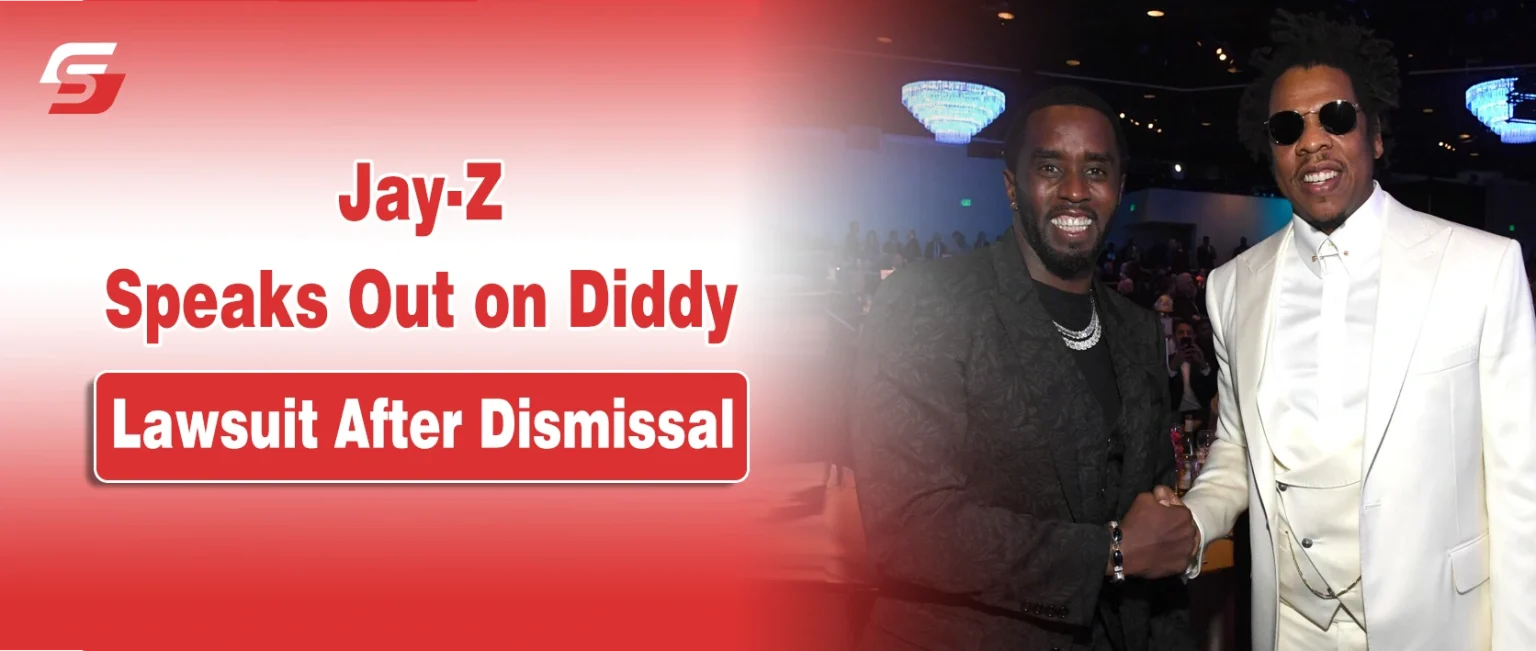 Jay-Z and Diddy shaking hands on a red branded background for an article about Jay-Z's response to the Diddy lawsuit.