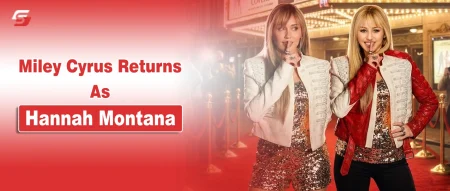 Portrait of Miley Cyrus next to her reprising the role of Hannah Montana in the iconic blonde wig for the Disney+ anniversary special.