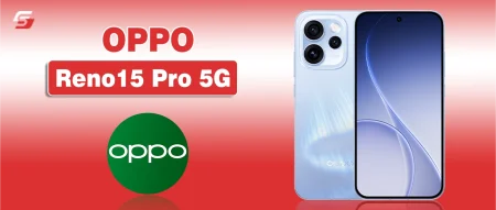 Front and back view of the OPPO Reno15 Pro 5G smartphone on a red and white branded graphic.