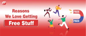 Illustration of people running toward a large magnet labeled “FREE,” symbolizing the psychological attraction to free offers. 📝 Image Description A conceptual graphic with a red-to-white gradient background. At the center, a large horseshoe magnet labeled “FREE” on both ends emits yellow lightning bolts, representing the pull of free offers. Four stylized figures are shown running eagerly toward the magnet, highlighting the strong appeal of freebies. On the left side, bold text reads: “Reasons We Love Getting Free Stuff.” The design visually conveys the idea that free items act as a powerful psychological magnet, drawing people in with excitement and urgency. Would you like me to also suggest SEO-friendly filenames and captions for this image so it performs better in search and social sharing?