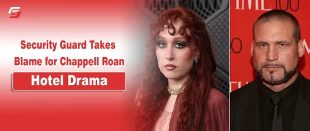 Portraits of Chappell Roan and her security guard on a red background for an article about the Ada Law Hotel incident.