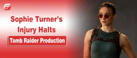 Sophie Turner as Lara Croft in a Tomb Raider production still, featured on a red news graphic