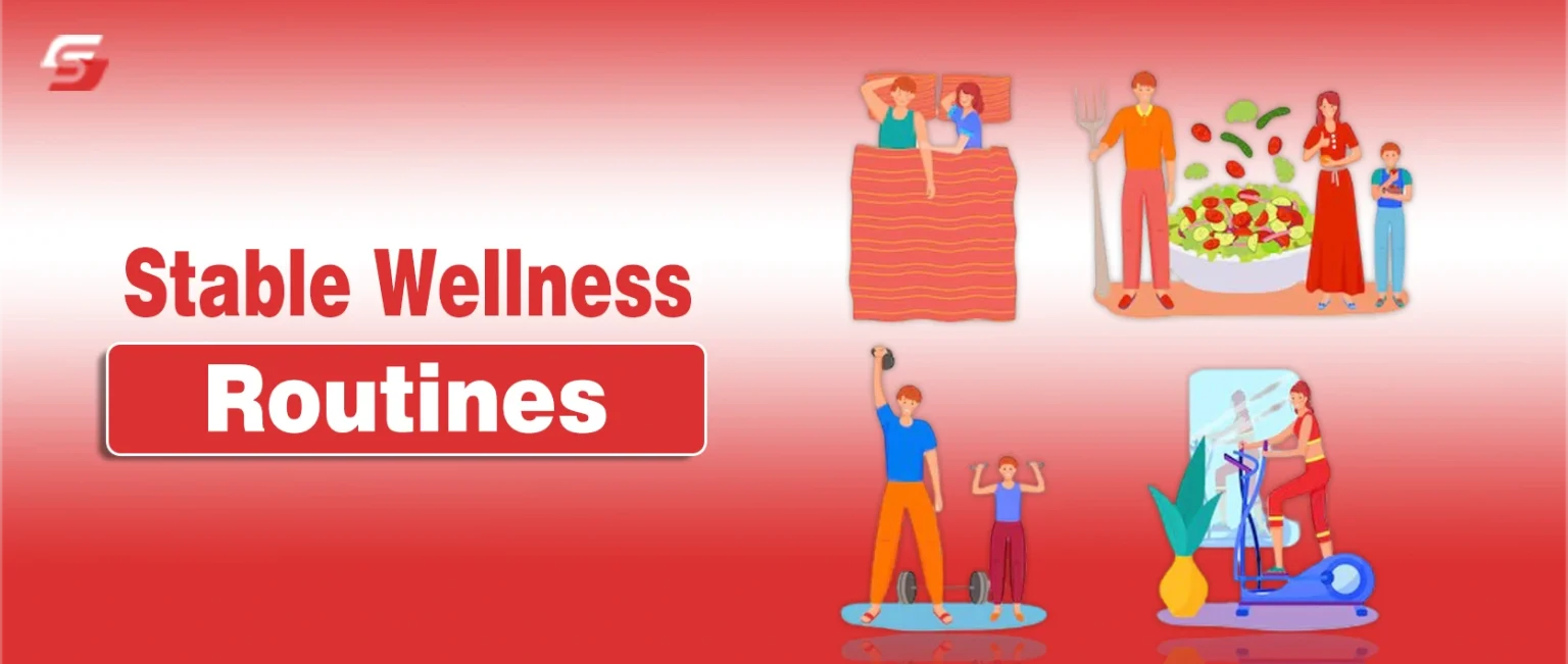 Wellness icons for sleep, food, and exercise on a bold red background titled Stable Wellness Routines