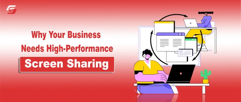- Digital illustration of two professionals sharing screens across laptops with overlapping windows on a red gradient background.