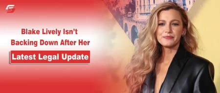 Blake Lively in a professional portrait on a red and white news graphic.