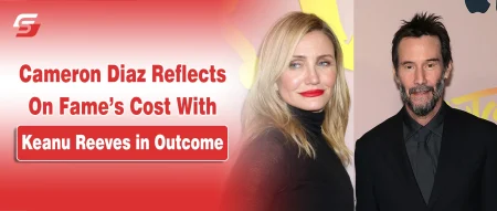 Cameron Diaz and Keanu Reeves portraits on a news graphic for the film Outcome.