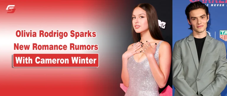 Olivia Rodrigo and Cameron Winter side-by-side on a red celebrity news graphic.