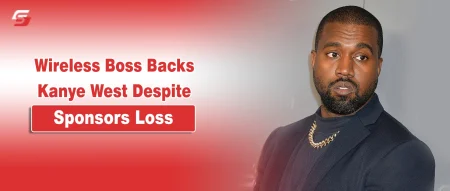 Kanye West portrait on a red and white news graphic regarding sponsorship news.